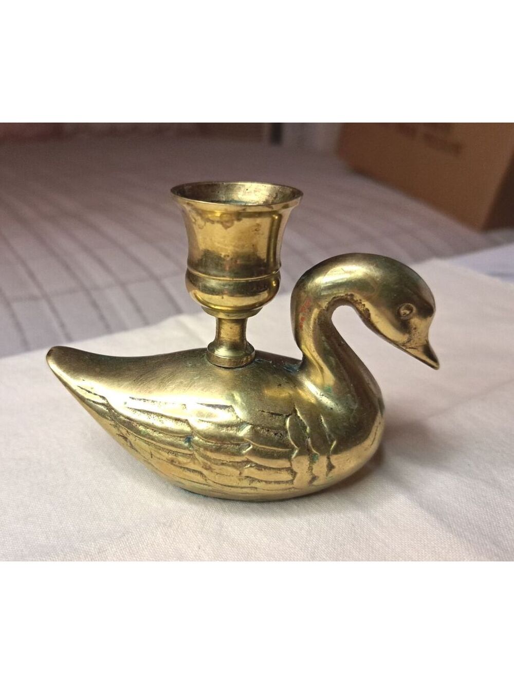 Vintage Brass Swan Shaped Taper Candle Holder Feather Detail 3"x 4"